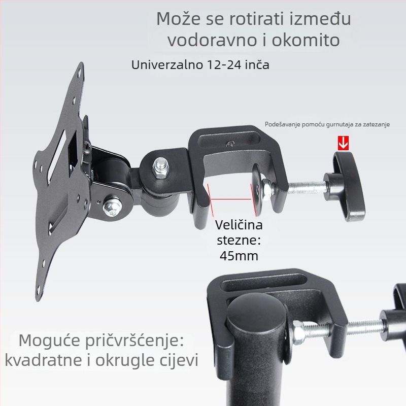 Monitor nosač s jednom glavom za zaslone 12–27 inča; konstrukcija od čelične ploče + aluminijske legure + plastika; uključene vijci