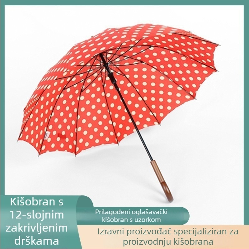 Lotus in the Rain kišni kišobran s dugim drškom, pravim profilom, 12 rebara, automatsko otvaranje, čelična šipka, drvena ručka