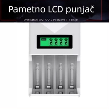 LCD pametni punjač za NiMH/NiCd baterije, mogućnost punjenja pojedinačnih ili miješanih stanica, ulaz 100–240 VAC, izlaz 1.2 V DC do 2 A