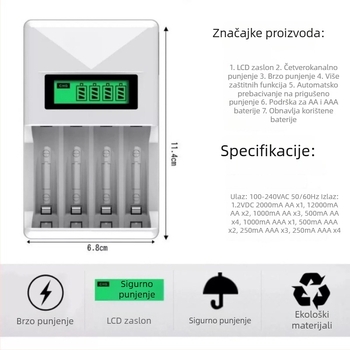 LCD pametni punjač za NiMH/NiCd baterije, mogućnost punjenja pojedinačnih ili miješanih stanica, ulaz 100–240 VAC, izlaz 1.2 V DC do 2 A