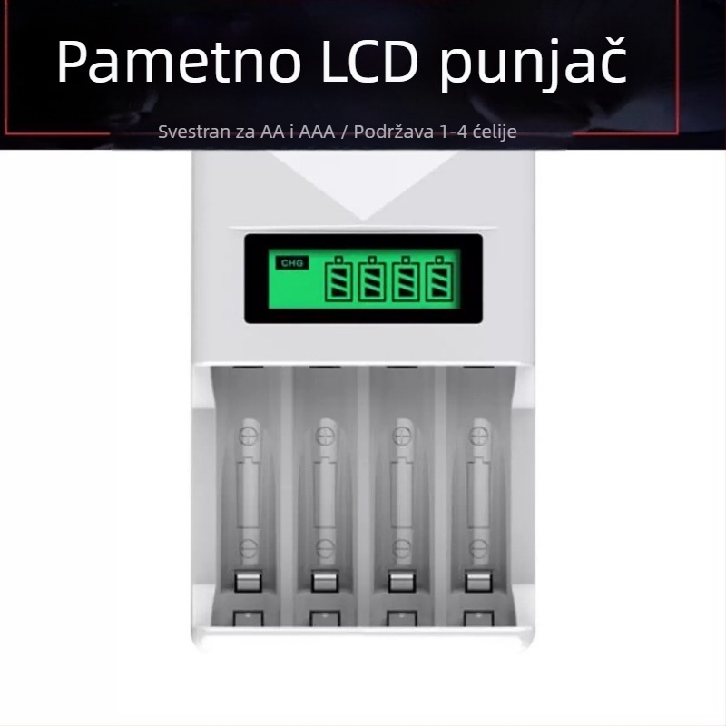 LCD pametni punjač za NiMH/NiCd baterije, mogućnost punjenja pojedinačnih ili miješanih stanica, ulaz 100–240 VAC, izlaz 1.2 V DC do 2 A