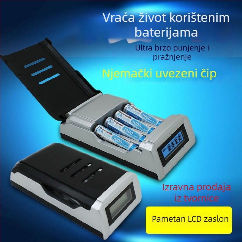 LCD pametni punjač za NiMH/NiCd baterije, mogućnost punjenja pojedinačnih ili miješanih stanica, ulaz 100–240 VAC, izlaz 1.2 V DC do 2 A
