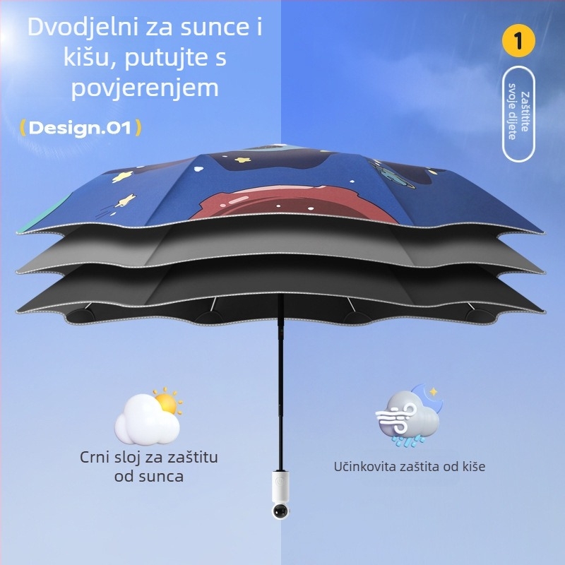 Dječji trodjelni automatski kišobran s zaštitom od odskoka za dječake i učenike osnovne škole, kiša i sunce (8 rebara, pongee 210T tkanina, UPF 50+, automatsko otvaranje/zatvaranje)