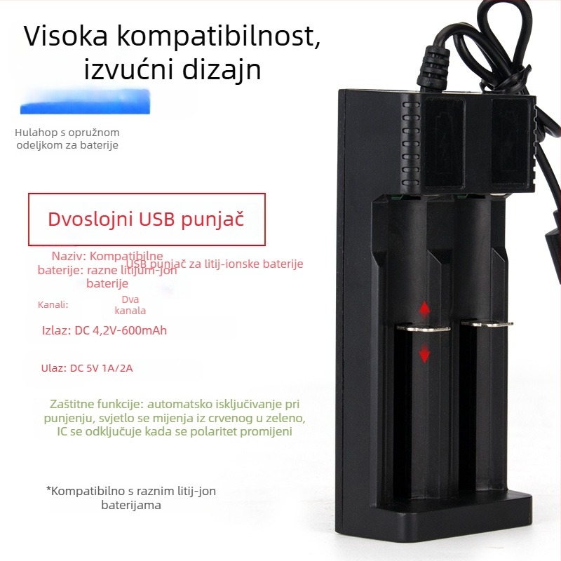 Saibang 18650 Li-ion punjač – USB punjač za više modela, ulaz DC5V-1A/2A, izlaz 4.2V, GB certifikat, za Li-ion baterije