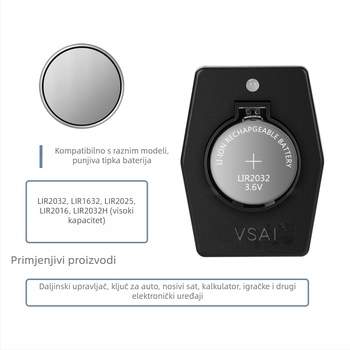 Li-ion punjač za gumb baterije LIR2032/LIR2025, USB punjač, ulaz AC110-240V, izlaz 2.8-8.7V, KC certifikat