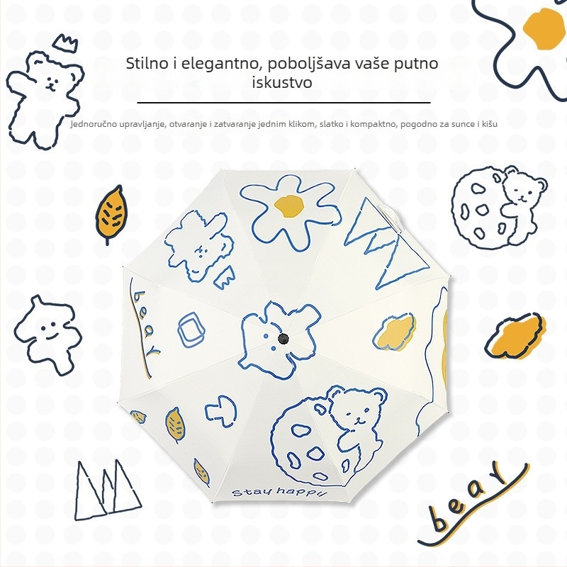 Automatska sunčana kišobran, 3‑fold, okvir s 8 rebara od željeza, tkanina od poliestera 190T, UPF >50
