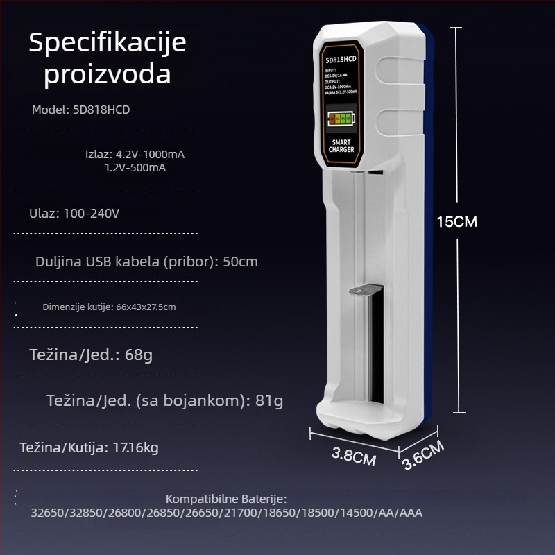 LCD pametno punjač za Li‑ion baterije 18650/26650 sa Type-C sučeljem i zaslonom, ulaz AC100-240V, izlaz 4.2V 1A / 1.2V 0.5A, RoHS