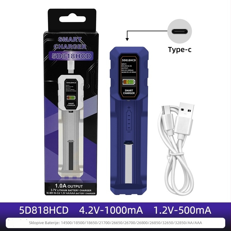 LCD pametno punjač za Li‑ion baterije 18650/26650 sa Type-C sučeljem i zaslonom, ulaz AC100-240V, izlaz 4.2V 1A / 1.2V 0.5A, RoHS
