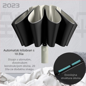 Automatski obrnuti kišobran za auto, 10 rebara (UPF50+; poliester navlaka; čelični okvir; silikonska drška)