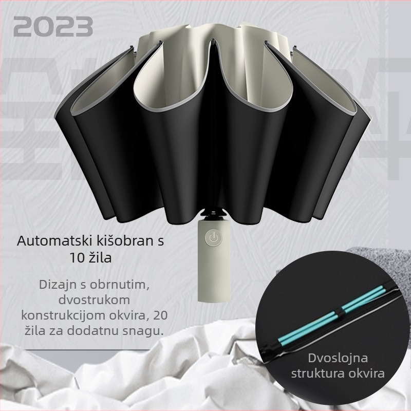Automatski obrnuti kišobran za auto, 10 rebara (UPF50+; poliester navlaka; čelični okvir; silikonska drška)