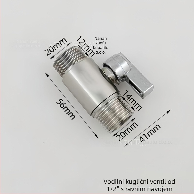 Kuglični ventil od 304 nehrđajućeg čelika, union spoj, navođenje, unutarnji Ø1,5 mm, za kupaonicu i bojler, prilagodljiv