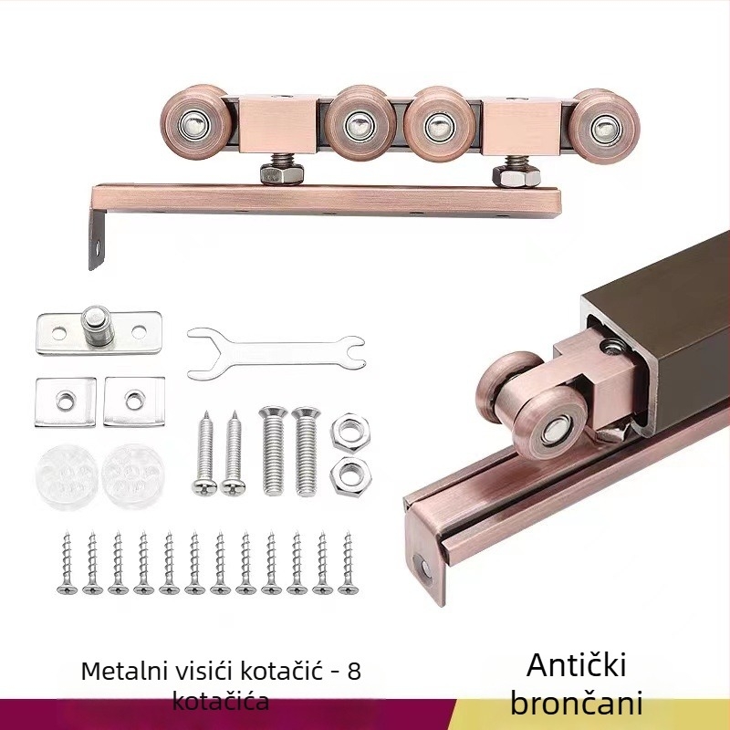 Kladka za klizna vrata – cinkova legura, 4 metalna kotačića, nosivost do 200 kg, za čvrsta drvena vrata