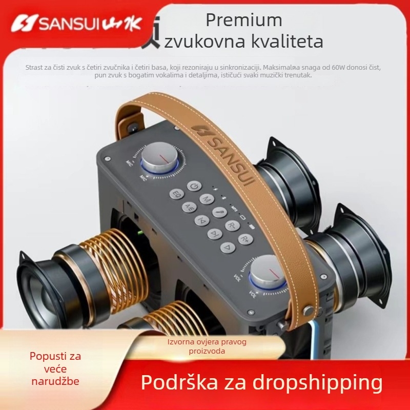 Bluetooth prenosni zvučni sustav za vanjsku upotrebu s ugrađenom baterijom >6000mAh, 20W, 4 zvučnika tipa horn, raspon frekvencija 60Hz-15kHz, SNR ≥70dB