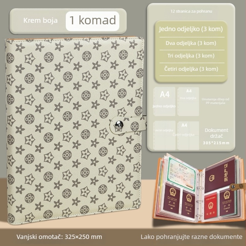 Kožna kutija za dokumente sa kopčom, model H008, unutarnje stranice PVC, 18–24 listova, zamjena informativne knjige, mogućnost otiska logotipa