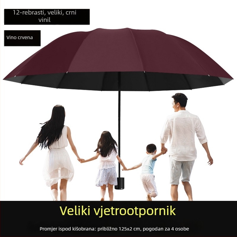 Kišobran za tri osobe – UPF 40+ zaštita od sunca, okvir od željeza s 12 rebara, ručno otvaranje i zatvaranje, plastična drška