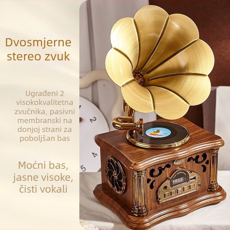 Bluetooth zvučnik u obliku gramofona, 20W, Bluetooth 5.3, ugrađena baterija 1200–2000 mAh, frekvencijski raspon 100 Hz–20 kHz, SNR ≥ 100 dB
