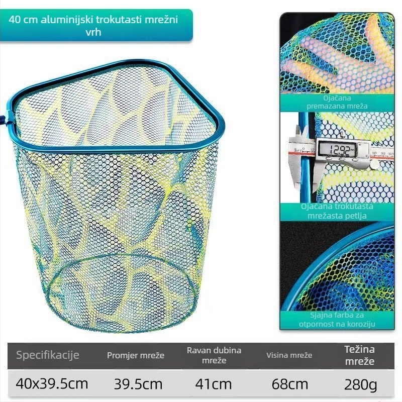 Glava mreže za ribolov od aluminijske legure s gumom premazanim mrežom, nosivost 80 kg, dubina 50 cm