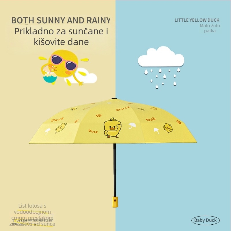 Dječji sklopivi kišobran s cartoon dizajnom patke, dvostruka upotreba kiše i sunca, UV zaštita UPF50+, automatsko otvaranje, metalni okvir s 8 rebara