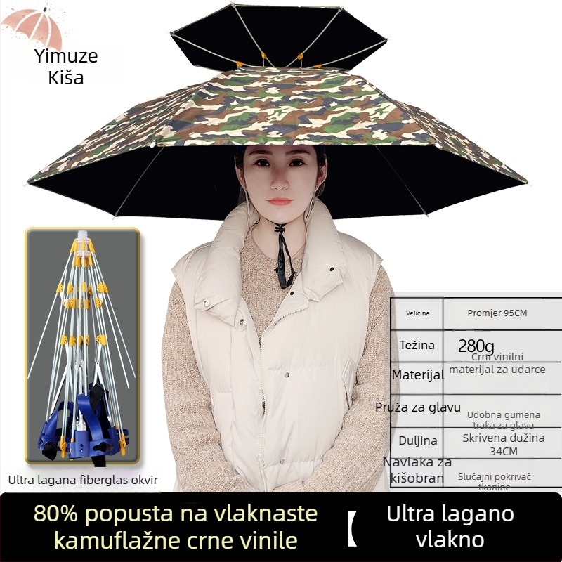 Kapa s kišnim kišobranom za glavu – sklopiva, ultra lagana, dvostruki sloj, otporan na vjetar, okvir od 7 metalnih rebara, Oxford tkanina, ručno otvaranje