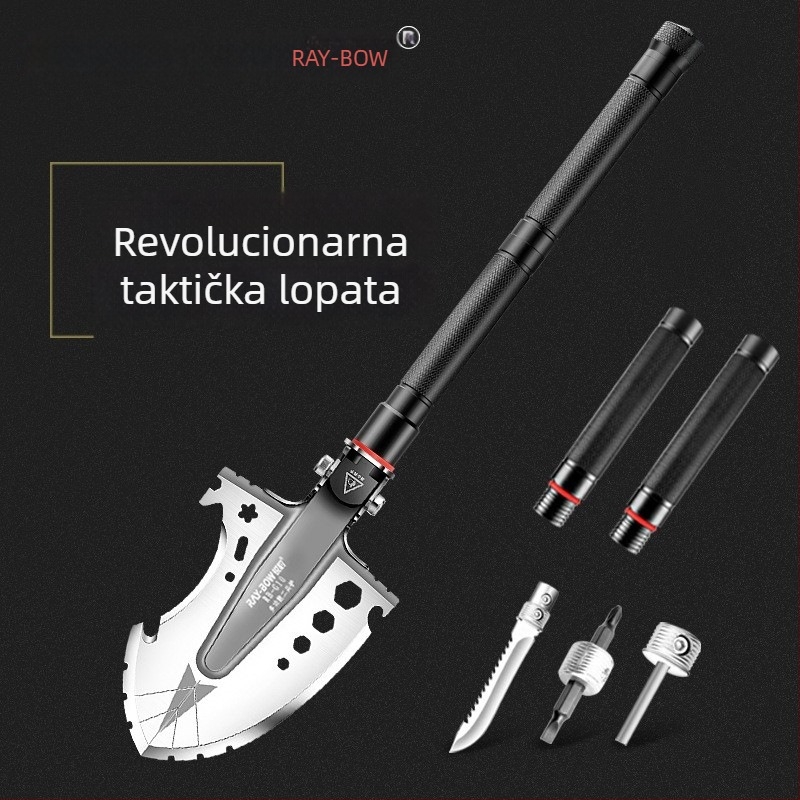 Sharp Leopard višenamjenska lopata za kampiranje, manganova čelika, s kamenom za paljenje