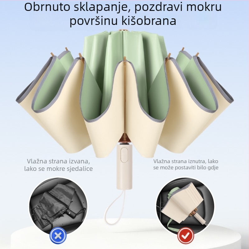 Obrnuti kišobran s 10 rebara, automatsko otvaranje i zatvaranje, UV zaštita UPF50+, aluminijski štap, 210T tkanina