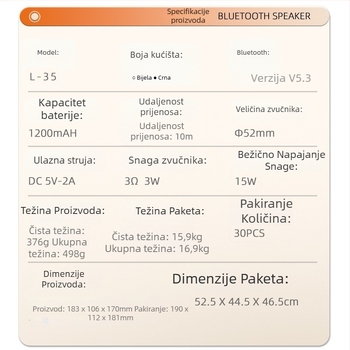 Noćna lampa s bežičnim Bluetooth zvučnikom i budilicom • Bluetooth 5.3 • Ugrađena baterija 1200–2000 mAh • Izlaz 3W • Raspon 10 m • Frekvencijski odziv 100 Hz–20 kHz