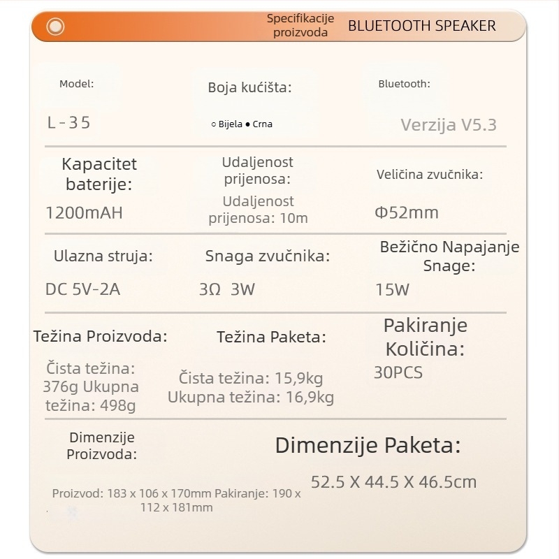 Noćna lampa s bežičnim Bluetooth zvučnikom i budilicom • Bluetooth 5.3 • Ugrađena baterija 1200–2000 mAh • Izlaz 3W • Raspon 10 m • Frekvencijski odziv 100 Hz–20 kHz