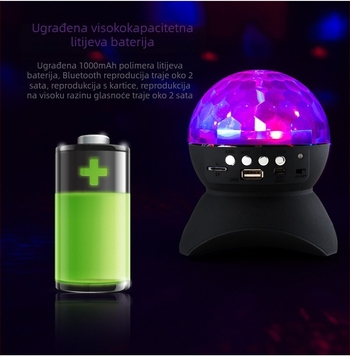 Bluetooth zvučnik s kristalnom kuglom sa sedam boja i rotirajućim pozornim svjetlom, USB sučelje, 3W, 2 kanala