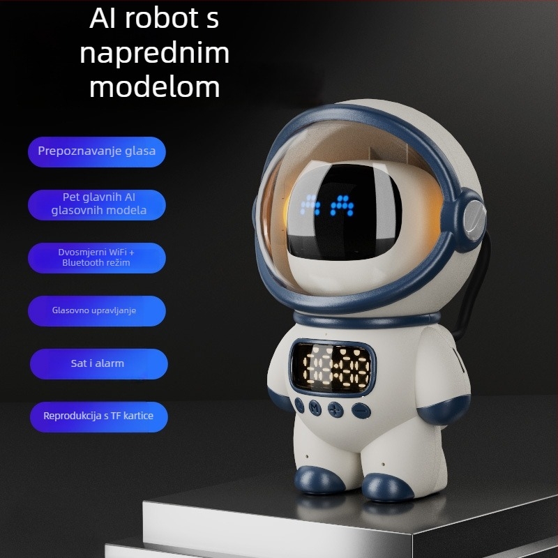 AI alarmni sat s temom astronaut, bežični Bluetooth zvučnik s Wi‑Fi, 5W, baterija 1200–2000mAh, 100Hz–20kHz, SNR ≥85dB, domet 10m