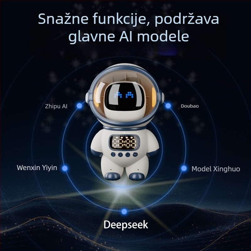 AI alarmni sat s temom astronaut, bežični Bluetooth zvučnik s Wi‑Fi, 5W, baterija 1200–2000mAh, 100Hz–20kHz, SNR ≥85dB, domet 10m