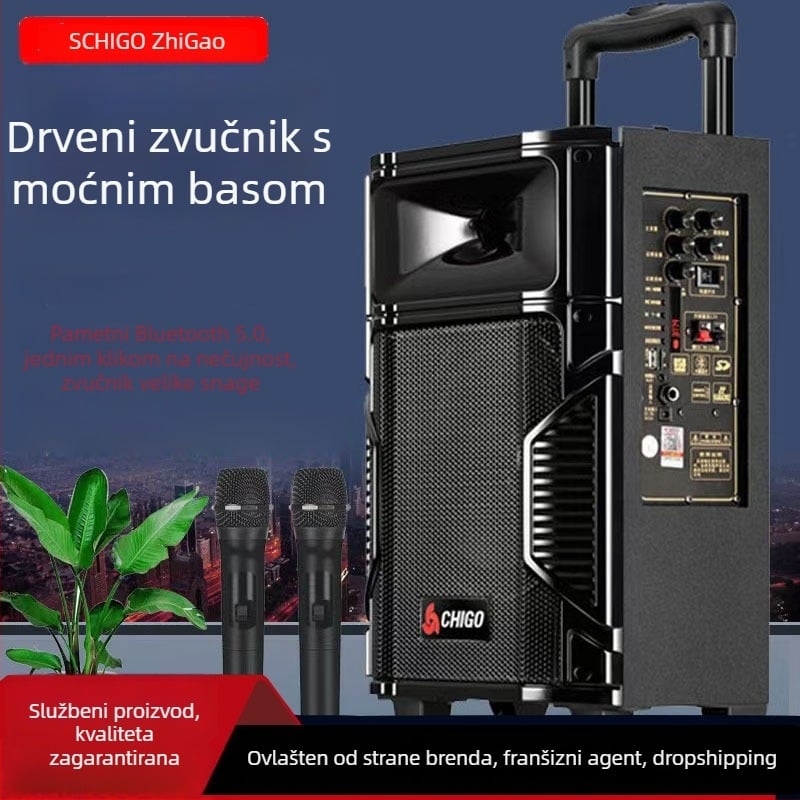 Drveni Bluetooth zvučnik za vanjsko karaoke i square dance – 20W, Bluetooth 5.0, IPX3, 40Hz-20kHz, domet 50 m