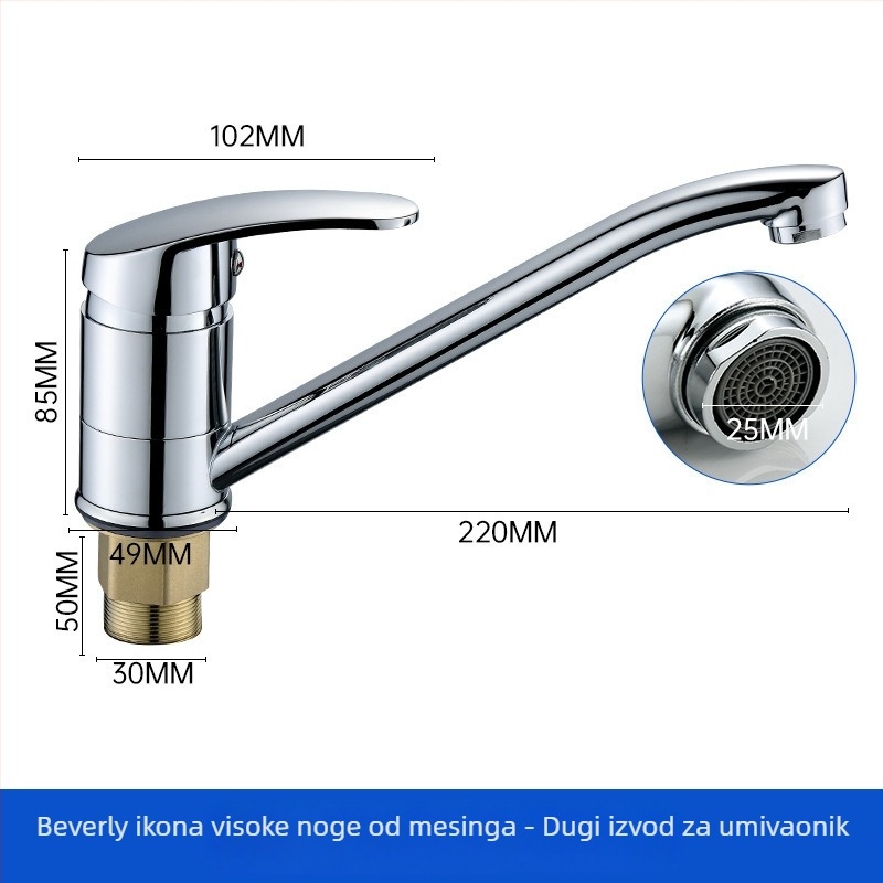 Kuhinjski faucet s dugim izljevom, jednim pokretom, tijelo od cinka, keramički disk ventil, ulaz/izlaz 1/2''