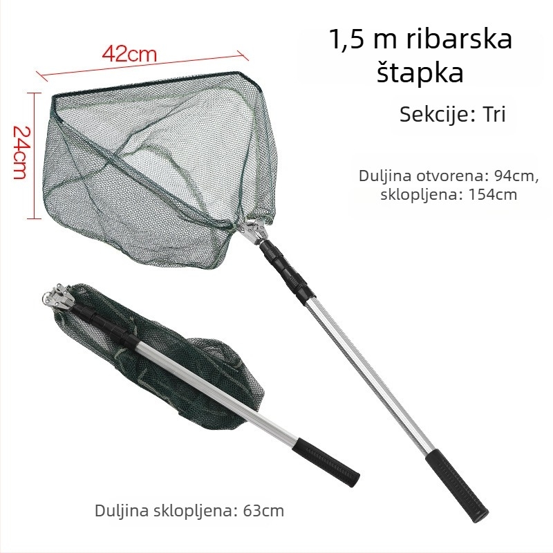 Aluminijska mreža za ribolov od legure, integrirana trokutasta sklopiva mreža s izvlačnom glavom (promjer otvora 40 cm, fina mreža)