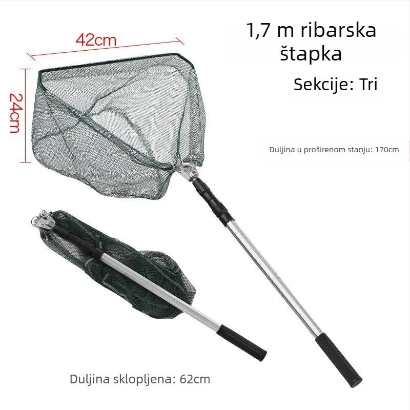 Aluminijska mreža za ribolov od legure, integrirana trokutasta sklopiva mreža s izvlačnom glavom (promjer otvora 40 cm, fina mreža)