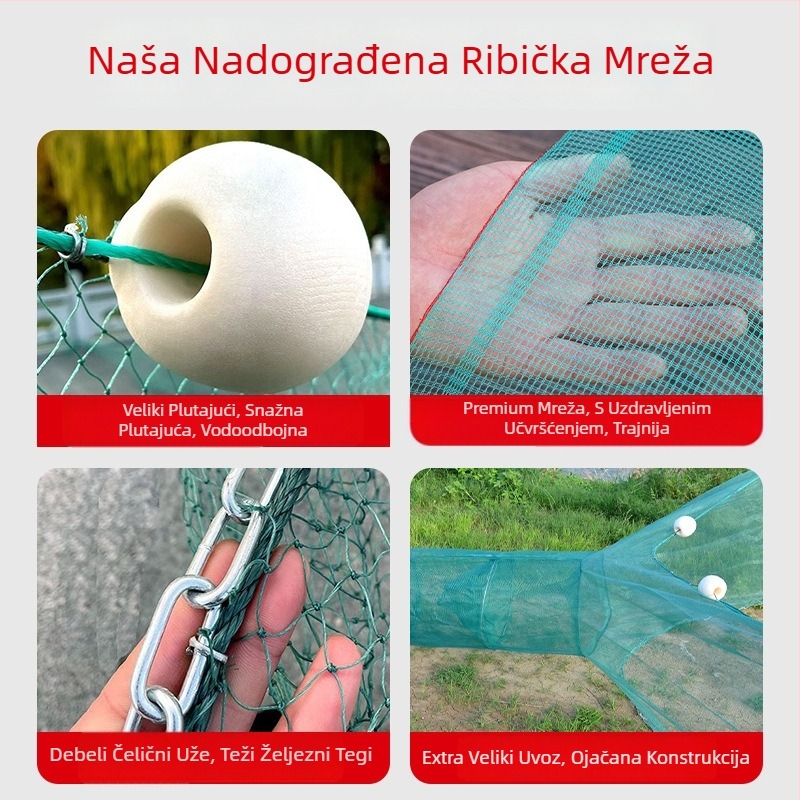 Potpuni set: mreža s tigrovim ustima, mreža za ribu u obliku osam, mreža velikog promjera za ribolov, mreža za riječnu škampu s bijelim prugama, riječna barijerna mreža