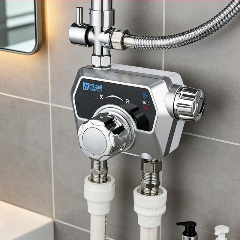 Termostatski miješac za tuš iz nehrđajućeg čelika — jednodijelni dizajn; termostatsko jezgro ventila; otvaranje ključem.