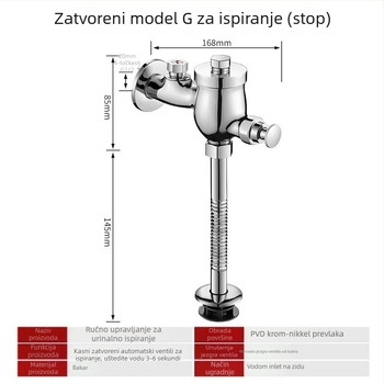 Bakreni splašivni ventil za urinare, s otvorenim i skrivenim ugradnjom, odgođeno ispiranje, za javne prostore; tlak 0,8–1,2 MPa, vrijeme ispiranja 3–6 s, izlazni promjer 4 mm