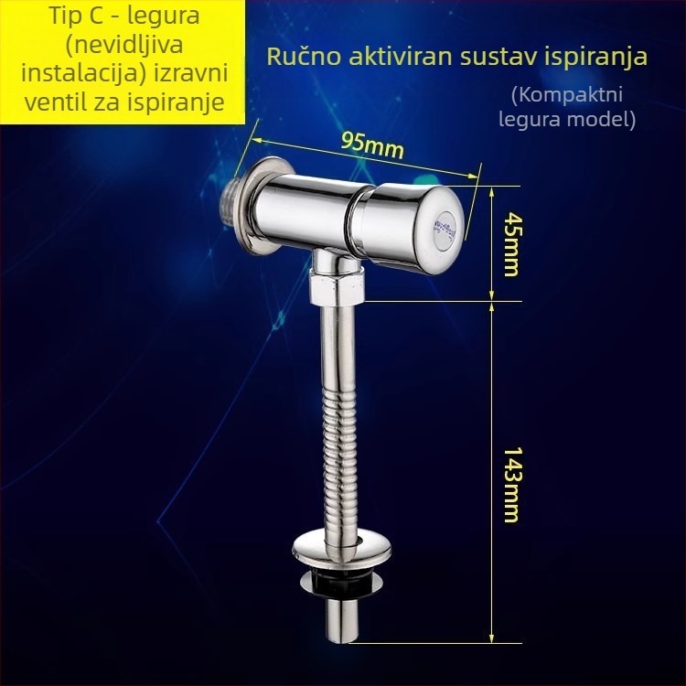 Bakreni splašivni ventil za urinare, s otvorenim i skrivenim ugradnjom, odgođeno ispiranje, za javne prostore; tlak 0,8–1,2 MPa, vrijeme ispiranja 3–6 s, izlazni promjer 4 mm
