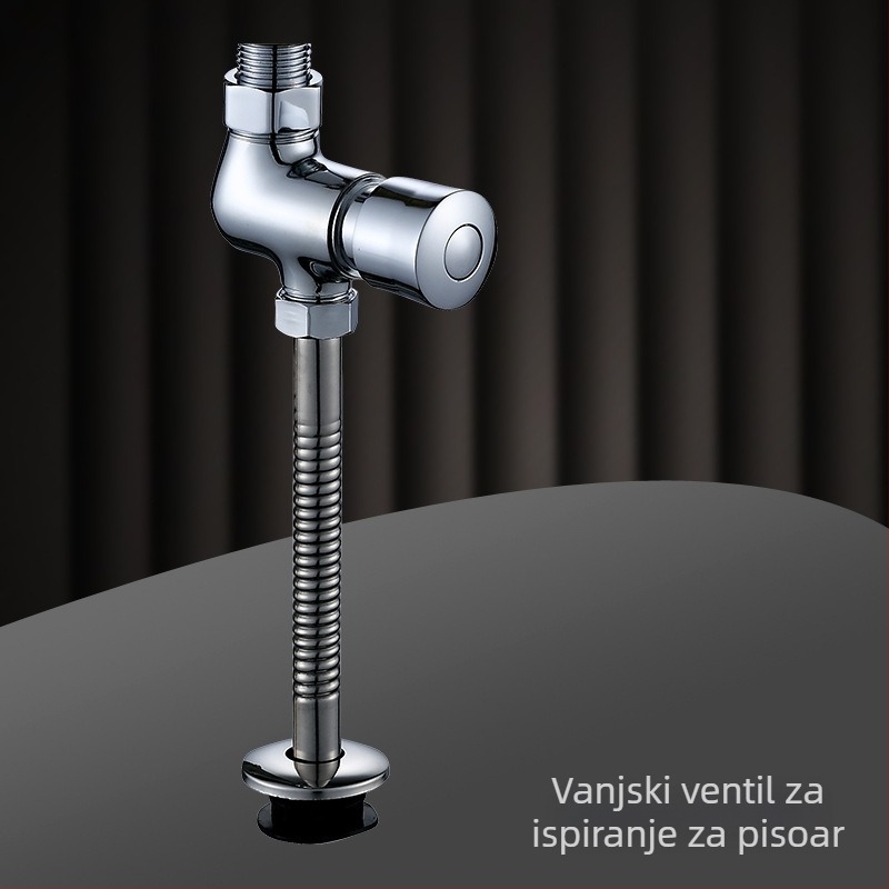 Bakreni splašivni ventil za urinare, s otvorenim i skrivenim ugradnjom, odgođeno ispiranje, za javne prostore; tlak 0,8–1,2 MPa, vrijeme ispiranja 3–6 s, izlazni promjer 4 mm