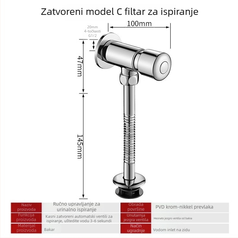 Bakreni splašivni ventil za urinare, s otvorenim i skrivenim ugradnjom, odgođeno ispiranje, za javne prostore; tlak 0,8–1,2 MPa, vrijeme ispiranja 3–6 s, izlazni promjer 4 mm