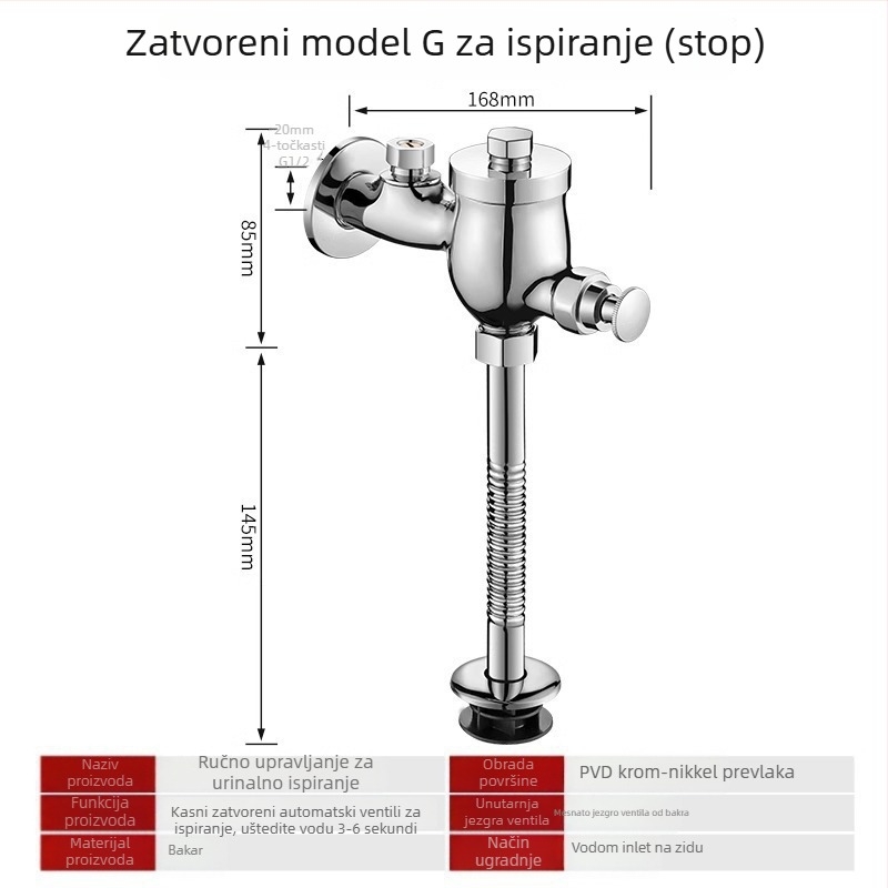 Bakreni splašivni ventil za urinare, s otvorenim i skrivenim ugradnjom, odgođeno ispiranje, za javne prostore; tlak 0,8–1,2 MPa, vrijeme ispiranja 3–6 s, izlazni promjer 4 mm