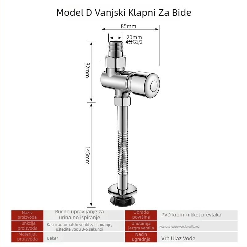 Bakreni splašivni ventil za urinare, s otvorenim i skrivenim ugradnjom, odgođeno ispiranje, za javne prostore; tlak 0,8–1,2 MPa, vrijeme ispiranja 3–6 s, izlazni promjer 4 mm