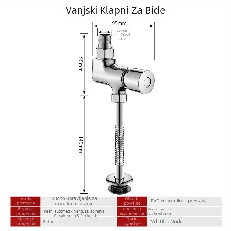 Bakreni splašivni ventil za urinare, s otvorenim i skrivenim ugradnjom, odgođeno ispiranje, za javne prostore; tlak 0,8–1,2 MPa, vrijeme ispiranja 3–6 s, izlazni promjer 4 mm