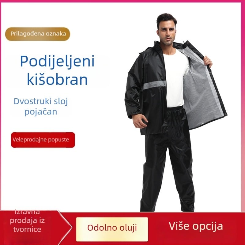 Guste podijeljeni kišni kaput i hlače za odrasle, reflektirajuća kišna zaštita, tkanina Chunya Spinning, vodootporna PVC ljepilo, prilagodba logotipa, za vanjsku upotrebu