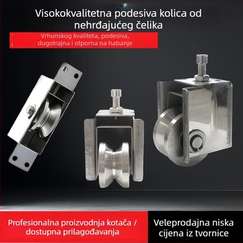 Prilagodljiva kutna kotač za klizna vrata — nehrđajući čelik/nylon; debljina stijenke 1,5; polumjer žlijebova užeta 16; izrada po nacrtima; pogodno za transport vrata i prozora