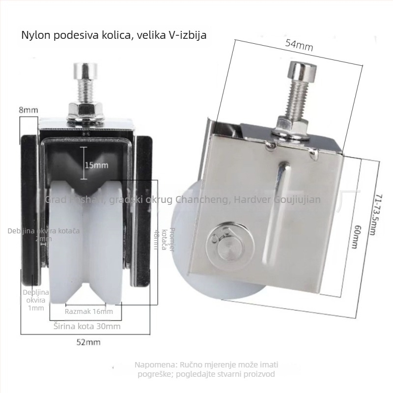 Prilagodljiva kutna kotač za klizna vrata — nehrđajući čelik/nylon; debljina stijenke 1,5; polumjer žlijebova užeta 16; izrada po nacrtima; pogodno za transport vrata i prozora