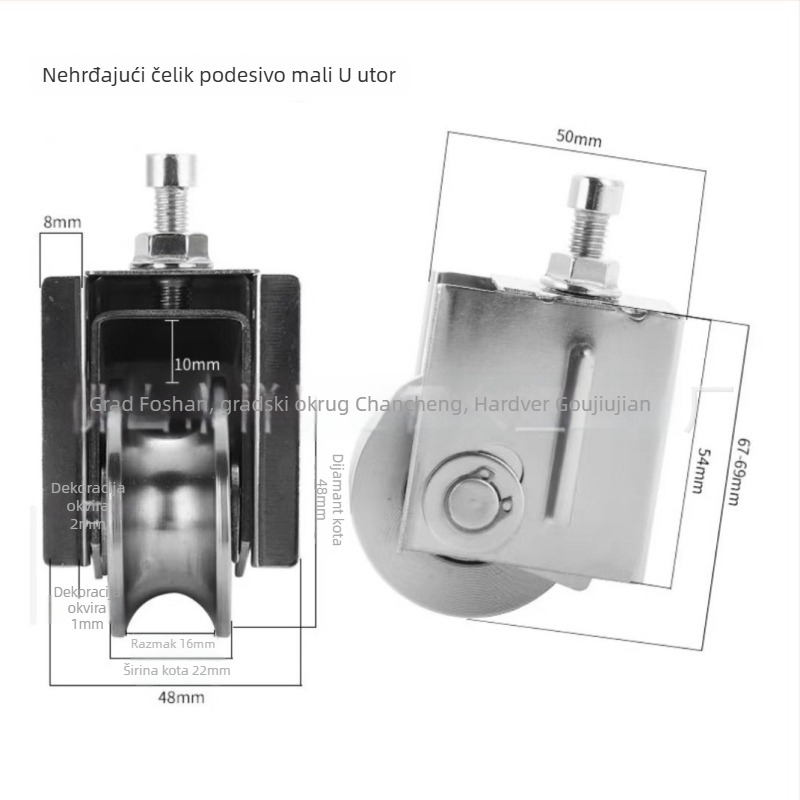 Prilagodljiva kutna kotač za klizna vrata — nehrđajući čelik/nylon; debljina stijenke 1,5; polumjer žlijebova užeta 16; izrada po nacrtima; pogodno za transport vrata i prozora