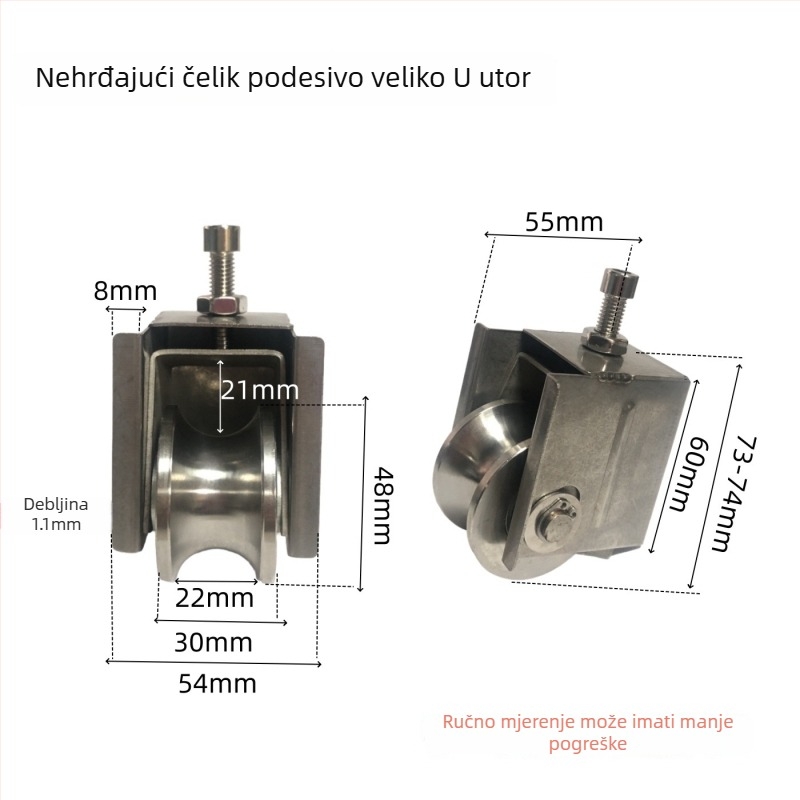 Prilagodljiva kutna kotač za klizna vrata — nehrđajući čelik/nylon; debljina stijenke 1,5; polumjer žlijebova užeta 16; izrada po nacrtima; pogodno za transport vrata i prozora