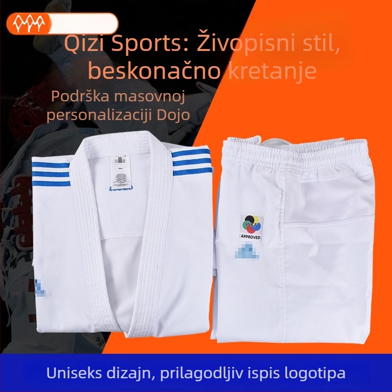 Karate trening Gi za odrasle – rastezljiva tkanina poliester-bavilo, 65% poliester, podstava od combed pamuka 65%, uzorak: pruge ili jednobojan