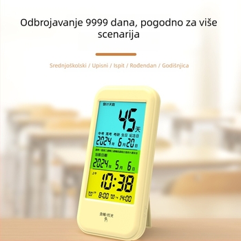 Budilnik s odbrojavanjem za učenike s kalendarskim podsjetnicima, elektronički pogon, LCD brojčani prikaz, napajanje baterijom, plastično kućište, pravokutni oblik